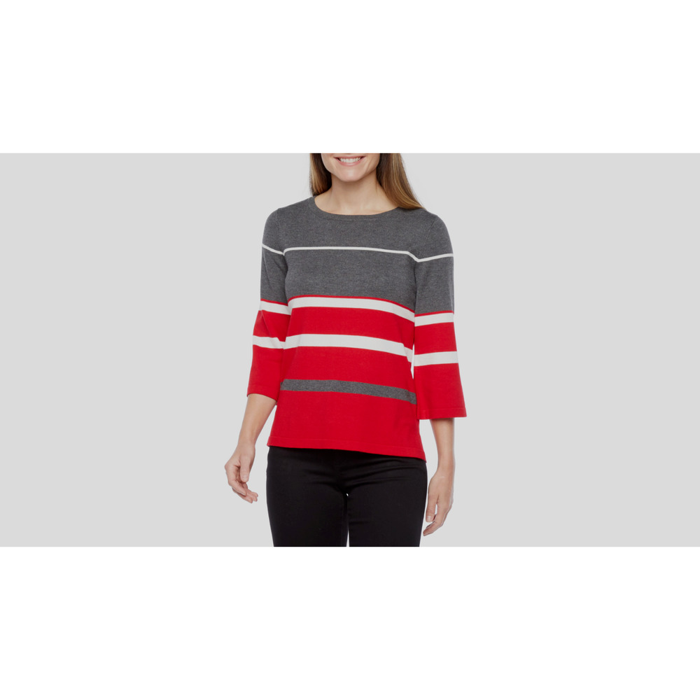 Liz Claiborne Women's 3/4 Sleeve‎ Red Gray Striped Pullover Sweater size M New!